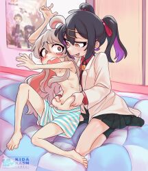 Rule 34 | 2girls, :d, arms up, belly, belly grab, black hair, black socks, blonde hair, blurry, blurry background, blush, brown eyes, collared shirt, colored inner hair, d:, dress shirt, flustered, futon, genderswap, genderswap (mtf), grabbing, grabbing from behind, hair between eyes, hair ornament, hairclip, highres, incest, kidakash, lab coat, long hair, made in abyss, meinya (made in abyss), multicolored hair, multiple girls, naughty face, navel, onii-chan wa oshimai!, open mouth, oyama mahiro, oyama mihari, pleated skirt, poster (object), regu (made in abyss), riko (made in abyss), self-upload, shirt, shorts, siblings, sisters, sitting, skirt, smile, socks, spread legs, stomach, thighs, twintails, wariza