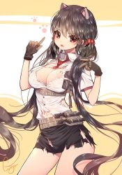 Rule 34 | 1girl, animal ears, bad id, bad pixiv id, belt, blush, breasts, brown eyes, brown hair, cat ears, cleavage, collared shirt, gloves, long hair, looking at viewer, miniskirt, navel, necktie, open mouth, original, red necktie, shirt, short sleeves, signature, skirt, solo, sukja, thighs, torn clothes, twintails