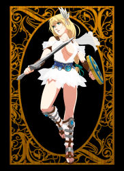 Rule 34 | 1girl, belt, blonde hair, blonde twist, boots, braid, breasts, center opening, cleavage, covered erect nipples, elk shield, gladiator sandals, goddess bracelet, goddess guards, goddess headdress, goddess robe, green eyes, hair ornament, highres, jewelry, large breasts, legs, long hair, namco, nipples, omega sword, ooyama (o-yama), sandals, see-through, shield, skirt, solo, sophitia alexandra, soul calibur, soulcalibur, soulcalibur iv, sword, thighs, vambraces, weapon