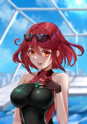 Rule 34 | 1girl, blush, breasts, competition swimsuit, earrings, gloves, jewelry, large breasts, looking at viewer, matrix16, one-piece swimsuit, open mouth, parted lips, pyra (pro swimmer) (xenoblade), pyra (xenoblade), red eyes, red hair, short hair, solo, sunglasses, swimsuit, xenoblade chronicles (series), xenoblade chronicles 2