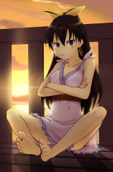 Rule 34 | 1girl, :t, bad id, bad pixiv id, barefoot, blue eyes, brown hair, butterfly sitting, crossed arms, feet, ganaha hibiki, highres, idolmaster, idolmaster (classic), indian style, mikidar, ponytail, sitting, soles, sunset, tears, toes