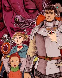 Rule 34 | 3boys, armor, berserk, blonde hair, blue eyes, character request, chilchuck tims, closed mouth, cowboy shot, dungeon meshi, elf, green scarf, guts (berserk), hand up, helmet, highres, holding, holding staff, laios touden, marcille donato, multiple boys, nisino2222, one eye closed, open mouth, pointy ears, red eyes, scar, scar on face, scar on nose, scarf, senshi (dungeon meshi), short hair, sparkle, staff, upper body