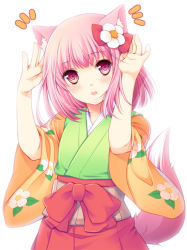 Rule 34 | 1girl, ^^^, animal ears, cocoa (cafe-hotcocoa), female focus, flower, hair flower, hair ornament, hieda no akyuu, japanese clothes, kemonomimi mode, pink eyes, pink hair, simple background, solo, tail, touhou, white background, wide sleeves