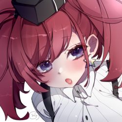 Rule 34 | 1girl, atlanta (kancolle), breasts, close-up, earrings, jewelry, kantai collection, large breasts, lips, looking at viewer, mizoredama1, parted lips, purple eyes, red hair, short hair, short twintails, solo, star (symbol), star earrings, twintails, upper body