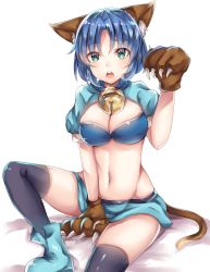Rule 34 | 1girl, animal ears, animal hands, black thighhighs, blue footwear, blue hair, blush, boots, breasts, cat ears, cat paws, cat tail, cleavage, furumiya neko, green eyes, highres, large breasts, looking at viewer, navel, open mouth, solo, tail, teeth, thighhighs, waguruma!