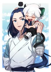 Rule 34 | 2boys, animal ears, ar (rikuesuto), bandages, black hair, blue eyes, blue hair, cat boy, cat ears, cat tail, chinese clothes, closed eyes, forehead, long hair, long sleeves, luo xiaohei, male focus, multiple boys, open mouth, tail, luo xiaohei zhanji, white hair, wuxian (the legend of luoxiaohei)