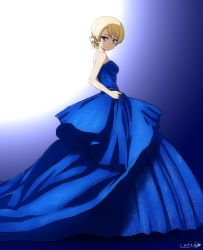 Rule 34 | 1girl, artist name, bare shoulders, blonde hair, blue background, blue dress, blue eyes, braid, bukkuri, closed mouth, commentary request, darjeeling (girls und panzer), dated, dress, dress shirt, formal, from side, full body, girls und panzer, gradient background, head tilt, layered dress, long dress, looking at viewer, partial commentary, shirt, short hair, signature, smile, solo, standing, strapless, strapless dress, swept bangs, train (clothing), white background
