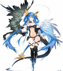 Rule 34 | 1girl, angel wings, asymmetrical wings, black choker, black thighhighs, blue hair, breasts, center opening, choker, cleavage, collarbone, detached sleeves, dizzy (guilty gear), floating, fukuda935, guilty gear, guilty gear x, guilty gear xx, hair between eyes, hair ribbon, hair rings, hand on own chest, highres, large breasts, long hair, long sleeves, looking at viewer, monster girl, navel, puffy long sleeves, puffy sleeves, red eyes, ribbon, ripples, simple background, solo, stomach, tail, tail ornament, tail ribbon, thigh gap, thigh strap, thighhighs, twintails, underboob, water, white background, wings, yellow ribbon