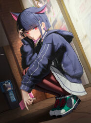 Rule 34 | 2girls, absurdres, animal ears, black choker, black hair, black jacket, blue archive, blunt bangs, blush, brown pantyhose, cellphone, cho gum, choker, fake animal ears, hair ornament, hairclip, halo, highres, holding, holding phone, hood, hood down, jacket, kazusa (blue archive), leaf, leaf on head, long sleeves, looking at viewer, miyu (blue archive), multiple girls, pantyhose, parted lips, phone, pink eyes, pleated skirt, red eyes, shoes, short hair, skirt, smartphone, squatting, trash can, white skirt