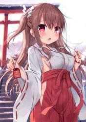 Rule 34 | 1girl, :o, blush, braid, breasts, brown hair, commentary request, cowboy shot, day, ezoshika, groin, hakama, hakama skirt, hip vent, holding, japanese clothes, kimono, large breasts, long hair, long sleeves, looking at viewer, miko, one side up, open mouth, original, outdoors, purple eyes, red hakama, ribbon-trimmed sleeves, ribbon trim, sideboob, sidelocks, skirt, solo, stairs, straight hair, torii, underbust, very long hair, white kimono, wide sleeves