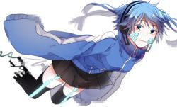 Rule 34 | 1girl, blue eyes, blue hair, ene (kagerou project), headphones, hood, hoodie, kagerou project, kumashige, long hair, matching hair/eyes, oversized clothes, skirt, smile, solo, turtleneck, twintails