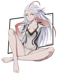 Rule 34 | ai: the somnium files, aiba (ai: the somnium files), artificial intelligence, artist request, barefoot, expressionless, streaked hair, highres, long hair, multicolored hair, prosthetic eye, red eyes, robot, sitting, white hair