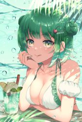 Rule 34 | 1girl, :q, alpha (yukai na nakamatachi), bare shoulders, bikini, breasts, cleavage, collarbone, cup, double bun, drinking glass, drinking straw, food, frilled bikini, frilled swimsuit, frills, fruit, gradient eyes, green eyes, green hair, green nails, hair bun, hair ornament, hairclip, head rest, highres, large breasts, looking at viewer, multicolored eyes, nail polish, original, paid reward available, short hair, sidelocks, signature, solo, swimsuit, tongue, tongue out, two-tone bikini, two-tone swimsuit, underwater, upper body, water drop, wet, white bikini, yellow eyes
