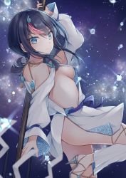 Rule 34 | 1girl, absurdres, ass, back, bare shoulders, black hair, blue background, blue eyes, blue ribbon, breasts, closed mouth, detached leggings, dress, fate/grand order, fate/requiem, fate (series), fundoshi, high heels, highres, japanese clothes, jewelry, large breasts, long sleeves, looking at viewer, magatama, magatama hair ornament, medium hair, multicolored hair, necklace, pelvic curtain, pink hair, polearm, puffy long sleeves, puffy sleeves, ribbon, seigaiha, short dress, sideboob, sideless outfit, sparkle, spear, streaked hair, thighs, utsumi erice, water drop, weapon, white dress, white legwear, yua (bokubo0806)