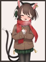Rule 34 | 1girl, :d, absurdres, alternate costume, animal ear piercing, animal ears, asakura haru, blush, border, breath, brown coat, brown hair, cat ears, cat tail, chen, closed eyes, coat, commentary request, cowboy shot, dot nose, double-parted bangs, earmuffs, earrings, fang, green skirt, grey border, hands up, happy, highres, jewelry, multiple tails, nekomata, no headwear, open mouth, outside border, pantyhose, plaid, plaid skirt, red scarf, scarf, short hair, single earring, skin fang, skirt, sleeves past wrists, smile, solo, standing, swept bangs, tail, tassel, touhou, two tails, white background