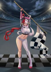Rule 34 | 1girl, absurdres, alternate costume, checkered flag, commission, flag, full body, hair over one eye, hair rings, headphones, highres, holding, holding flag, liilica, long hair, looking at viewer, midriff, multicolored hair, nail polish, navel, one eye covered, one piece, one piece film: red, open mouth, outdoors, purple eyes, race queen, racetrack, red hair, red nails, second-party source, solo, streaked hair, twintails, two-tone hair, uta (one piece), white hair