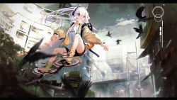 Rule 34 | 1girl, backpack, bag, bird, blouse, building, crow, headset, highres, hoverboard, jacket, kouka (mrakano5456), letterboxed, motion blur, original, shirt, shoes, shorts, solo, tree, white hair, white shirt