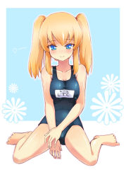 Rule 34 | 1girl, bad id, bad pixiv id, barefoot, blonde hair, blue eyes, blush, breasts, feet, homura subaru, kneeling, large breasts, one-piece swimsuit, school swimsuit, smile, solo, swimsuit, twintails