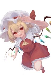Rule 34 | 1girl, :d, absurdres, ascot, blonde hair, commentary, crystal, flandre scarlet, full body, hat, hat ribbon, highres, looking at viewer, medium hair, one side up, open mouth, r utchi, red eyes, red footwear, red nails, red ribbon, red skirt, red vest, ribbon, shirt, simple background, skirt, smile, socks, solo, touhou, vest, white background, white hat, white shirt, white socks, wings, yellow ascot