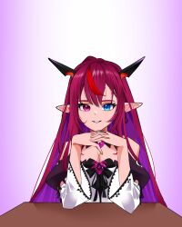 Rule 34 | 1girl, absurdres, blue eyes, breasts, cleavage, detached sleeves, dress, gendou pose, hands clasped, heterochromia, highres, hololive, hololive english, horns, irys (hololive), irys (irys 2.0) (hololive), jewelry, koizumi arata, long hair, looking at viewer, multicolored hair, own hands clasped, own hands together, pointy ears, purple hair, red hair, streaked hair, very long hair, virtual youtuber, white dress