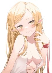 Rule 34 | 1girl, bare shoulders, blonde hair, blush, bow, breasts, cleavage, commentary request, kiss-shot acerola-orion heart-under-blade, long hair, looking at viewer, monogatari (series), oshino shinobu, red bow, simple background, small breasts, smile, solo, sutei (arece15), vampire, white background, yellow eyes