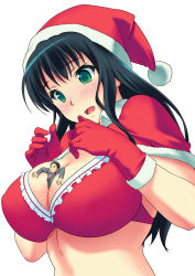 Rule 34 | 1boy, 1girl, between breasts, black hair, blush, bra, breasts, business suit, capelet, christmas, formal, frilled bra, frills, giant, giantess, gloves, green eyes, hat, large breasts, long hair, mini person, miniboy, necktie, no shirt, open mouth, original, person between breasts, red bra, red gloves, santa costume, santa hat, simple background, suit, teston, underwear, wavy mouth, white background