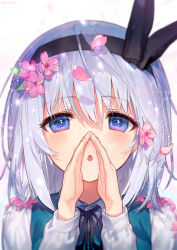 Rule 34 | 1girl, :o, ainy, artist name, black bow, black hairband, black ribbon, blue eyes, blush, bow, commentary request, flower, green vest, hair between eyes, hair bow, hair flower, hair ornament, hairband, hands up, highres, konpaku youmu, leaf, light particles, long sleeves, looking at viewer, md5 mismatch, neck ribbon, parted lips, petals, pink flower, portrait, resolution mismatch, ribbon, short hair, silver hair, solo, source smaller, touhou, twitter username, vest