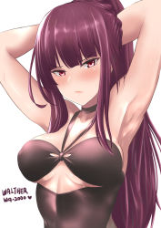Rule 34 | 1girl, alternate hairstyle, armpits, arms behind head, black one-piece swimsuit, blush, braid, breasts, character name, closed mouth, clothing cutout, collarbone, crown braid, girls&#039; frontline, highres, large breasts, long hair, looking at viewer, official alternate costume, one-piece swimsuit, ponytail, purple hair, red eyes, sam desu, simple background, solo, sweat, swimsuit, tsurime, underboob cutout, upper body, very long hair, wa2000 (girls&#039; frontline), wa2000 (op. manta ray) (girls&#039; frontline), white background