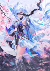 Rule 34 | 1girl, bare shoulders, black blindfold, black footwear, black gloves, blindfold, blue sleeves, cherry blossoms, crescent moon, crystal sword, detached sleeves, falling petals, gloves, high ponytail, highres, holding, holding sword, holding weapon, honkai: star rail, honkai (series), jingliu (honkai: star rail), long hair, meowmeowgirl, moon, one eye covered, petals, red eyes, red tassel, skirt, solo, standing, sword, sword behind back, weapon, white hair, white skirt