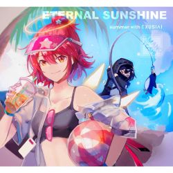 Rule 34 | 1girl, 1other, arknights, ball, bare shoulders, beachball, bird, black hair, black jacket, breasts, brown eyes, camisole, character name, chinese commentary, commentary request, crop top, cup, disposable cup, doctor (arknights), drinking straw, exusiai (arknights), fishing rod, hair between eyes, half updo, halo, hand up, holding, holding ball, holding cup, hood, hooded jacket, jacket, looking at viewer, midriff, open clothes, open shirt, outdoors, penguin, red hair, see-through, short hair, short sleeves, small breasts, smile, spaghetti strap, stomach, tianye toshi, upper body, visor cap