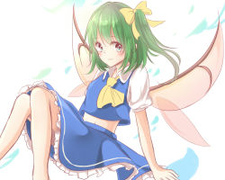 Rule 34 | 1girl, ascot, blue eyes, bow, daiyousei, fairy wings, green hair, hair bow, kashiwagi chisame, lowres, sash, side ponytail, simple background, skirt, solo, touhou, wings