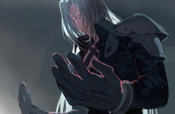 Rule 34 | 1boy, armor, black gloves, black jacket, chest strap, final fantasy, final fantasy vii, final fantasy vii remake, from below, gloves, grey background, grey hair, high collar, highres, jacket, long bangs, long hair, long sleeves, looking at hands, male focus, parted bangs, sephiroth, shou rou, shoulder armor, solo, upper body