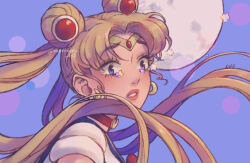 Rule 34 | 1girl, artist name, bishoujo senshi sailor moon, blonde hair, blue eyes, bow, bowtie, choker, commentary, crescent choker, double bun, english commentary, floating hair, from side, hair bun, highres, long hair, looking to the side, magical girl, momoiro lys, moon, parted lips, red bow, red bowtie, red choker, sailor moon, sailor senshi, sailor senshi uniform, short sleeves, signature, solo, tears, tiara, tsukino usagi, upper body, very long hair
