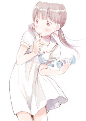 Rule 34 | 1girl, blue ribbon, blush, brown eyes, brown hair, closed mouth, dress, female focus, holding, kawamoto hinata, long hair, looking away, low twintails, matching hair/eyes, original, popsicle stick, ribbon, sailor dress, sangatsu no lion, short sleeves, simple background, sketch, solo, standing, twintails, white background, white dress, wind, wrapper, yuu (plasm)