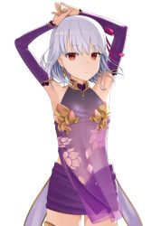Rule 34 | 1girl, absurdres, armpits, arms up, bare shoulders, closed mouth, collarbone, commentary request, detached sleeves, dress, earrings, fate/grand order, fate (series), hair between eyes, highres, jewelry, kama (fate), kama (first ascension) (fate), long sleeves, navel, purple dress, purple skirt, purple sleeves, red eyes, ring, sanpeita, see-through, silver hair, simple background, skirt, sleeveless, sleeveless dress, smile, solo, white background