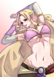 Rule 34 | 1girl, arms up, blonde hair, blue eyes, blush, bra, breasts, brown cape, cape, cleavage, dated, final fantasy, final fantasy iv, gauntlets, highres, large breasts, lips, long hair, looking at viewer, midriff, navel, open mouth, purple bra, rosa farrell, shikiwo, signature, simple background, solo, stomach, underboob, underwear, upper body