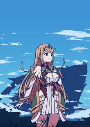 Rule 34 | 1girl, absurdres, bare shoulders, black eyes, blonde hair, blue sky, breasts, cleavage, cleavage cutout, closed mouth, clothing cutout, cloud, cloudy sky, commission, dress, elbow gloves, gloves, greedydeviant, highres, long hair, mythra (xenoblade), pantyhose, sky, sleeveless, sleeveless dress, smile, solo, tiara, white dress, white gloves, xenoblade chronicles (series), xenoblade chronicles 2