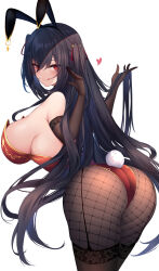Rule 34 | 1girl, alternate costume, animal ears, arched back, ass, azur lane, bad anatomy, black hair, black thighhighs, breasts, closed mouth, eyes visible through hair, fishnet pantyhose, fishnets, from behind, hair flowing over, hand in own hair, heart, highres, holding, holding own hair, large breasts, leaning forward, leotard, licking lips, long hair, looking at viewer, looking back, nakatama kyou, pantyhose, playboy bunny, rabbit ears, rabbit tail, red eyes, see-through, see-through legwear, sideboob, simple background, smile, solo, taihou (azur lane), tail, thighhighs, tongue, tongue out, very long hair, white background