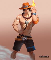 Rule 34 | 1boy, abs, armband, artist name, bara, bead necklace, beads, black hair, black shorts, commentary, english commentary, feet out of frame, flaming hand, freckles, groin, hand on own hip, hand up, hat, highres, jewelry, large pectorals, male focus, muscular, muscular male, navel, necklace, nipples, one piece, orange hat, otokobara, paid reward available, pectorals, portgas d. ace, pouch, shorts, skull, solo, standing, thigh pouch, topless male, veins, veiny arms, watch, wristwatch
