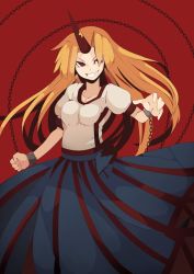 Rule 34 | 1girl, bad id, bad pixiv id, blonde hair, chain, clenched hand, cuffs, dress, female focus, fuurin (omaemona), grin, horns, hoshiguma yuugi, long hair, oni, outstretched hand, reaching, red background, red eyes, shackles, shirt, short sleeves, single horn, smile, solo, t-shirt, touhou
