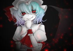 Rule 34 | 1girl, aizettonagi, bat wings, blue hair, bracelet, dress, fang, hand on own chin, highres, jewelry, looking at viewer, pale skin, pointy ears, red eyes, remilia scarlet, short hair, smile, touhou, white dress, wings