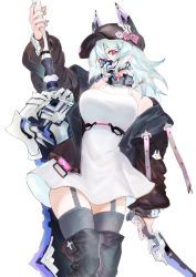Rule 34 | 1girl, black footwear, black hat, black jacket, black thighhighs, blue hair, boots, breasts, collar, commentary, cowboy shot, dagger, dress, harutask, hat, hat with ears, highres, holding, holding dagger, holding knife, holding sword, holding weapon, jacket, knife, large breasts, light blue hair, long sleeves, looking at viewer, mask, medium hair, mouth mask, off-shoulder jacket, off shoulder, original, pink eyes, simple background, sleeveless, sleeveless dress, solo, sword, symbol-only commentary, thigh boots, thigh strap, thighhighs, weapon, white background, white dress