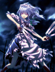 Rule 34 | 1girl, apron, bayonet, between fingers, dark, embodiment of scarlet devil, female focus, fighting stance, hairband, hellsing, highres, holding, izayoi sakuya, knife, looking at viewer, maid, maid apron, maid headdress, night, purple eyes, red eyes, ribbon, shirosa, short hair, silver hair, slit pupils, smile, solo, standing, throwing knife, touhou, waist apron, weapon