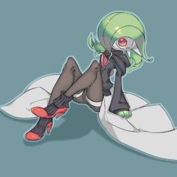Rule 34 | 1girl, arm support, bike shorts, black hoodie, black jacket, black thighhighs, blue background, blue outline, bob cut, closed mouth, clothed pokemon, colored skin, creatures (company), female focus, flat chest, game freak, gardevoir, gen 3 pokemon, green hair, green skin, hair over one eye, high heels, hood, hood down, hoodie, jacket, knees up, leaning back, leg up, long sleeves, lowres, multicolored skin, nintendo, one eye covered, outline, oyama yoihaya, pokemon, pokemon (creature), red eyes, red footwear, shoes, short hair, sideways mouth, simple background, socks, solo, thighhighs, two-tone skin, white skin, wide-eyed