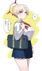 Rule 34 | 1girl, bag, black bag, blonde hair, blue archive, blue skirt, breasts, commentary request, halo, highres, kometsubu, large breasts, looking at viewer, marina (blue archive), pleated skirt, red halo, school bag, school uniform, shirt, short hair, skirt, solo, speech bubble, standing, thighs, translation request, two-tone background, white background, white shirt, yellow background, yellow eyes