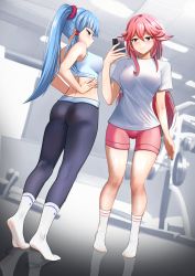 Rule 34 | 2girls, absurdres, alternate costume, arm at side, artist name, ass, ayaka (genshin impact), bare legs, bare shoulders, bike shorts, black gloves, blue eyes, blue hair, blue pants, blunt bangs, border, bow, breasts, cellphone, closed mouth, crop top, from behind, full body, genshin impact, ghhoward, gloves, gym, hair bow, hand on own hip, high ponytail, highres, long hair, looking at viewer, looking back, medium breasts, mole, mole under eye, multiple girls, navel, outside border, pants, parted lips, phone, pink hair, pink shorts, purple eyes, shirt, shoe soles, shoes, short sleeves, shorts, signature, simple background, smile, sneakers, sports bra, standing, sweat, tight clothes, tight pants, very long hair, white border, white footwear, white shirt, yae miko, yoga pants
