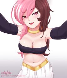 Rule 34 | 1girl, :d, android 21, baggy pants, bare shoulders, blush, bracelet, breasts, brown eyes, brown hair, cleavage, collarbone, cosplay, cslucaris, dragon ball, dragon ball fighterz, eyelashes, half-closed eyes, harem pants, heterochromia, jewelry, long hair, looking at viewer, majin android 21, majin android 21 (cosplay), medium breasts, midriff, multicolored hair, navel, neo politan, open mouth, outstretched arms, pants, patreon username, pink eyes, pink hair, rwby, seductive smile, shiny skin, shorts, simple background, smile, solo, split-color hair, strapless, tube top, two-tone hair, white background