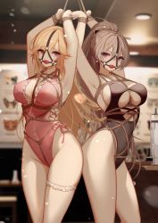 Rule 34 | 2girls, absurdres, alternate breast size, alternate costume, armpits, arms up, azur lane, backless swimsuit, backlighting, ball gag, bar (place), bdsm, blonde hair, blurry, blurry background, bondage, bound, bound wrists, breasts, bridal garter, brown one-piece swimsuit, cleavage, cleavage cutout, clothing cutout, cross-laced clothes, cross-laced one-piece swimsuit, crotch rope, curvy, depth of field, gag, gagged, grey hair, hair between eyes, halterneck, highleg, highleg swimsuit, highres, indoors, jean bart (azur lane), large breasts, looking at viewer, multiple girls, official alternate costume, one-piece swimsuit, red eyes, restrained, richelieu (azur lane), richelieu (fleuron of the waves) (azur lane), swimsuit, thigh strap, thighs, wiffle gag, yuuraku yuraku