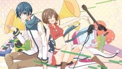 Rule 34 | 1boy, 1girl, acoustic guitar, blue eyes, blue hair, boots, brown hair, closed eyes, coat, cochis1322, commentary request, crop top, guitar, instrument, kaito (vocaloid), keyboard (computer), keyboard (instrument), long sleeves, meiko (vocaloid), microphone, microphone stand, midriff, nail polish, navel, open mouth, outstretched arm, petals, phonograph, popped collar, scarf, shirt, short hair, sitting, skirt, sleeveless, sleeveless shirt, smile, vocaloid, zipper, zipper pull tab