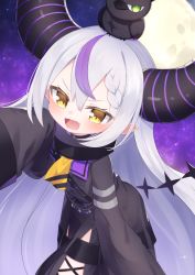 Rule 34 | 1girl, :d, animal, animal on head, bird, black dress, blush, brown eyes, commentary request, crow, crow (la+ darknesss), demon horns, dress, fang, full moon, green eyes, grey hair, hair between eyes, hand up, highres, hololive, horns, kokone (coconeeeco), la+ darknesss, la+ darknesss (1st costume), long hair, long sleeves, looking at viewer, moon, multicolored hair, on head, open mouth, pointy ears, purple hair, sleeves past fingers, sleeves past wrists, smile, solo, streaked hair, v-shaped eyebrows, very long hair, virtual youtuber